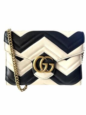 Gucci Marmont WOC Black White Chevron Matelassé GG Chain Wallet